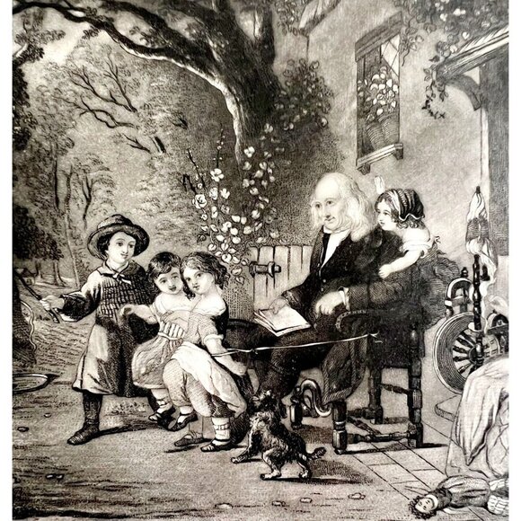 Grandpa's Carriage Steel Engraving 1859 Victorian Children Farmhouse Art DWY5F - Picture 1 of 2